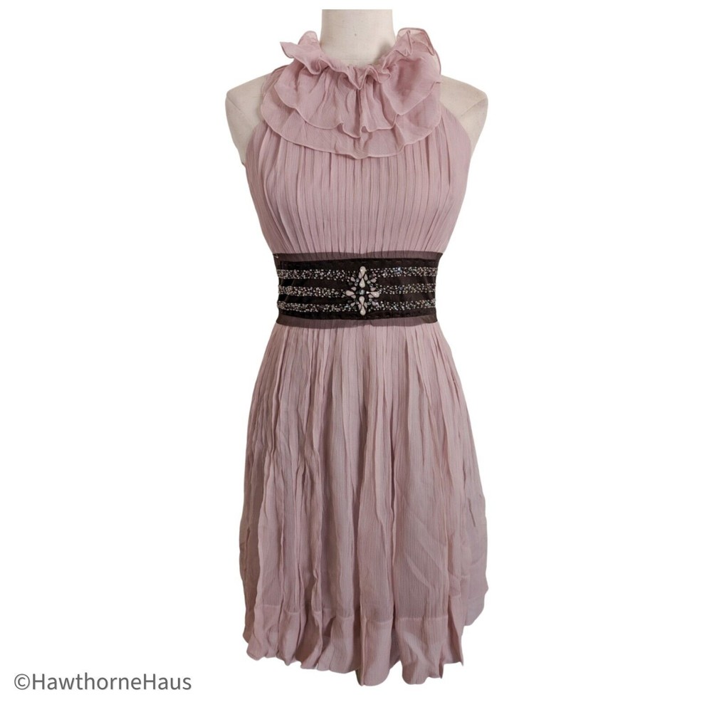 BCBG Maxazria Crinkle Silk High Neck Cocktail Dress Sz 8 Dusty Rose Fit & Flare